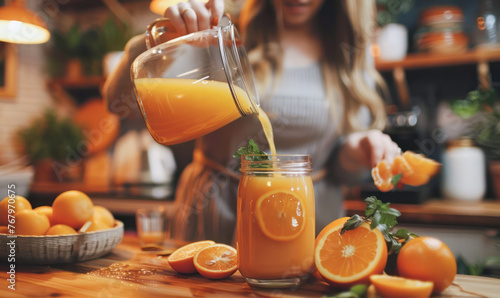 Orange juice pouring from pitcher into glass. Healthy citrus drink. Summer freshness concept.Generative AI photo