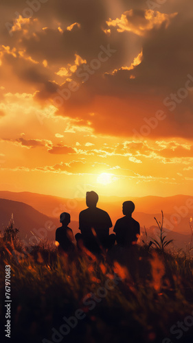 AI generated image of loving father and two sons enjoying sunset on mountain rock. Mountain bond: Father and sons silhouette against scenic landscape, radiating family love © Denys Kurbatov