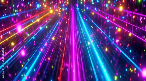 Vibrant beams of light with colorful bokeh effects creating a dynamic backdrop.