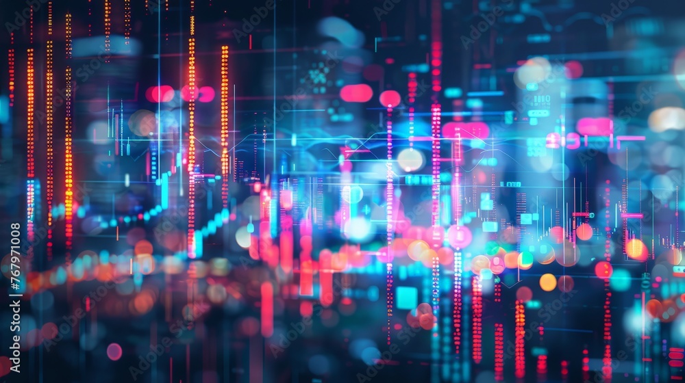 Abstract glowing big data forex candlestick chart on blurry city backdrop. Trade, technology, Abstract glowing big data forex candlestick chart on blurry city backdrop. Trade, technology,
