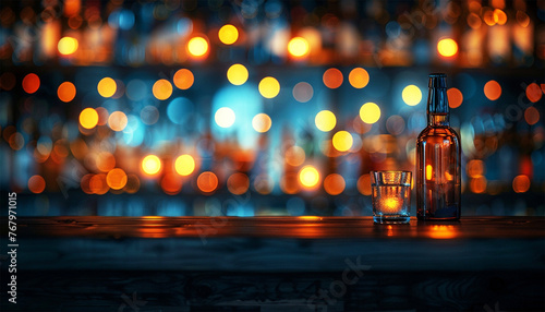 Blur bokeh lights top of bar and free space. Alcohol on bar abstract blur image of night festival in a restaurant and The atmosphere is happy and relaxing with bokeh for background. Beer,liquor club