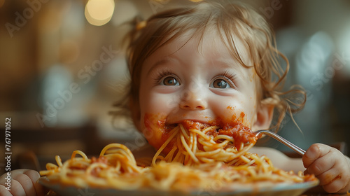 Cute little girl eating spaghetti with tomato sauce in the kitchen.