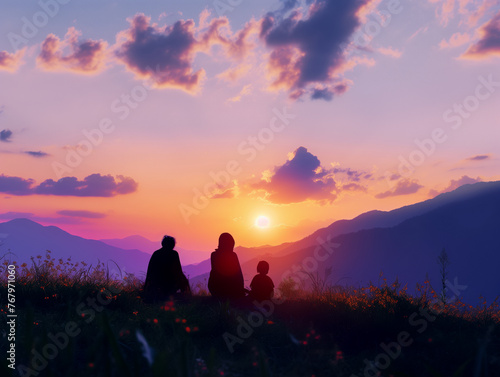 Happy female gay couple spending time with child on sunset, AI generated image, Parental embrace: Love and affection between two moms showcase the heartwarming bond of an LGBT family