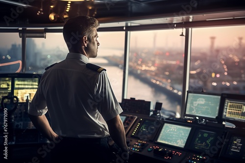 Captain in the ship's cockpit photo