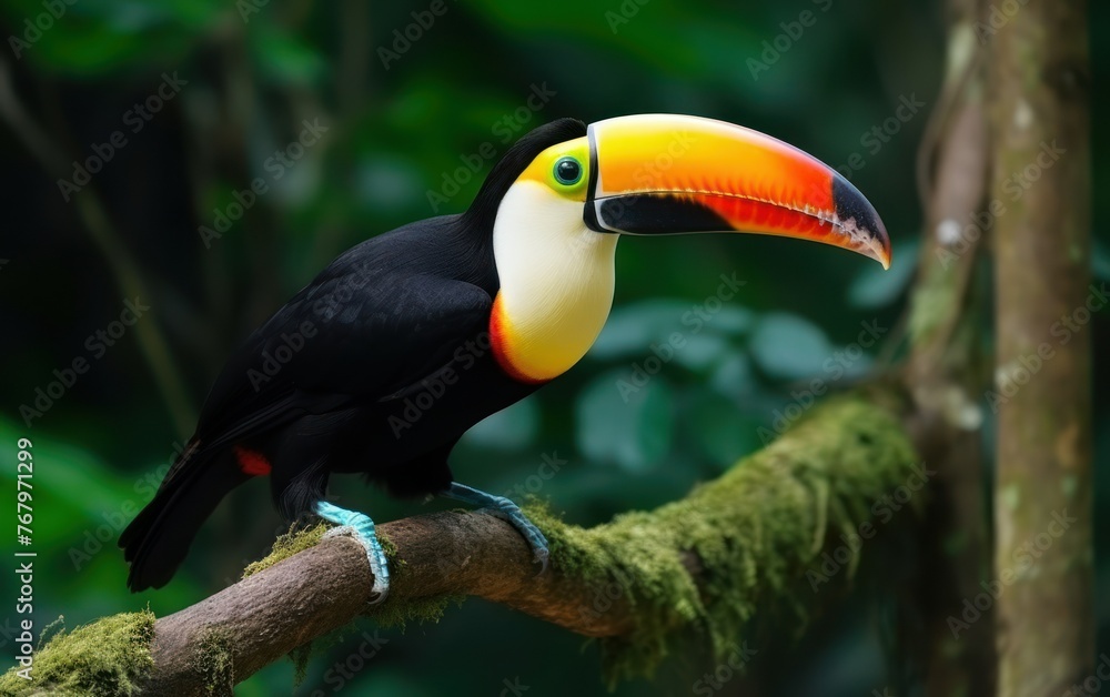 Obraz premium Selective focus shot of a toucan standing on a tree branch