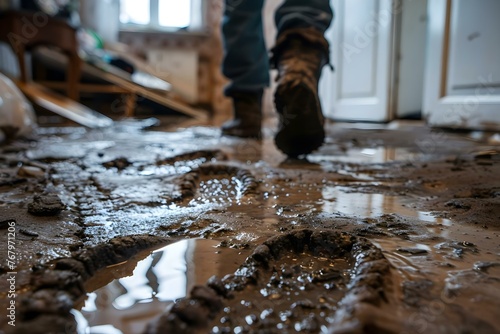 Closeup of muddy footprints in flooded home shows familys frantic efforts to salvage belongings before evacuation. Concept Natural Disaster, Emergency Response, Survival Instincts, Flooded Home