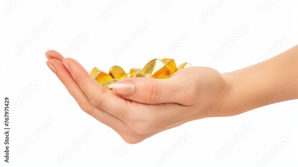 Beautiful Woman hand holding Gold ingots on white background with clipping path Beautiful Woman hand holding Gold ingots on white background with clipping path