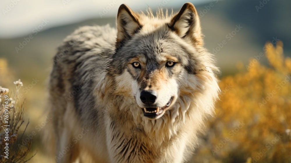 A wolf is standing in a field with yellow flowers A wolf is standing in a field with yellow flowers