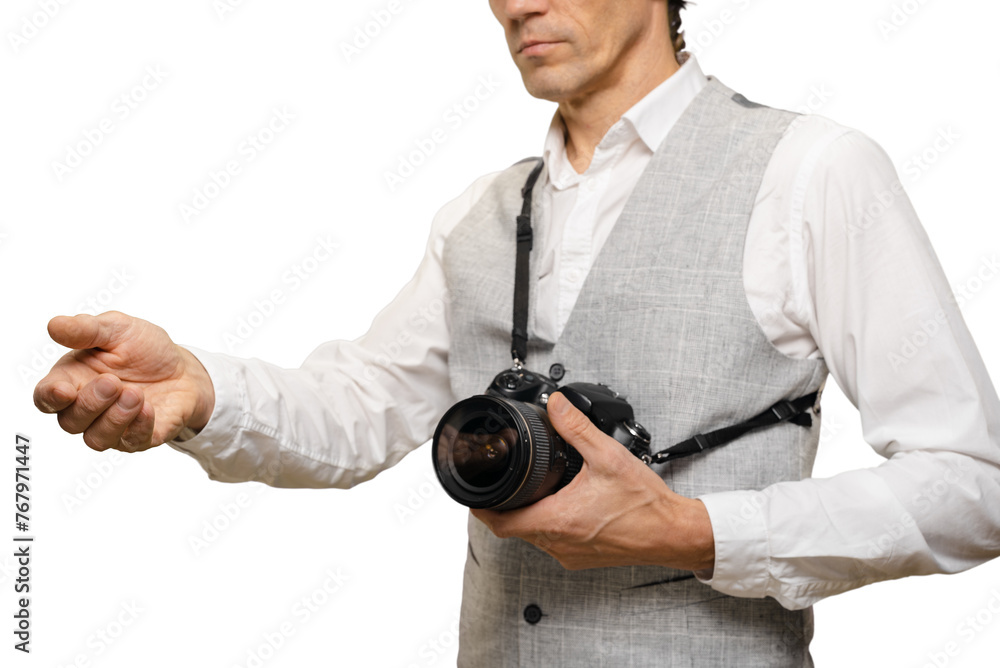 Professional male photographer with modern camera waiting for money payment Professional male photographer with modern camera waiting for money payment