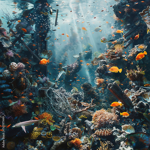 Scrap metal and plastic waste in a coral reef with corals and fish. © Soeren