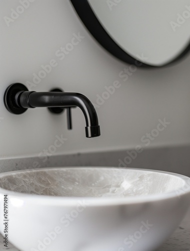 Bathroom interior with stylish black sink and marble washbasin, modern concrete walls