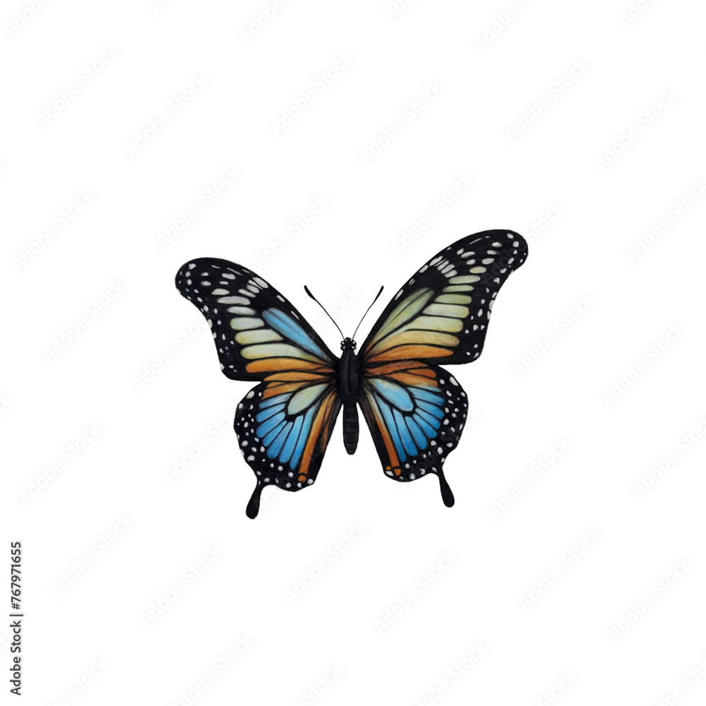 A butterfly with wings composed of blue, orange, and yellow. A butterfly with wings composed of blue, orange, and yellow.