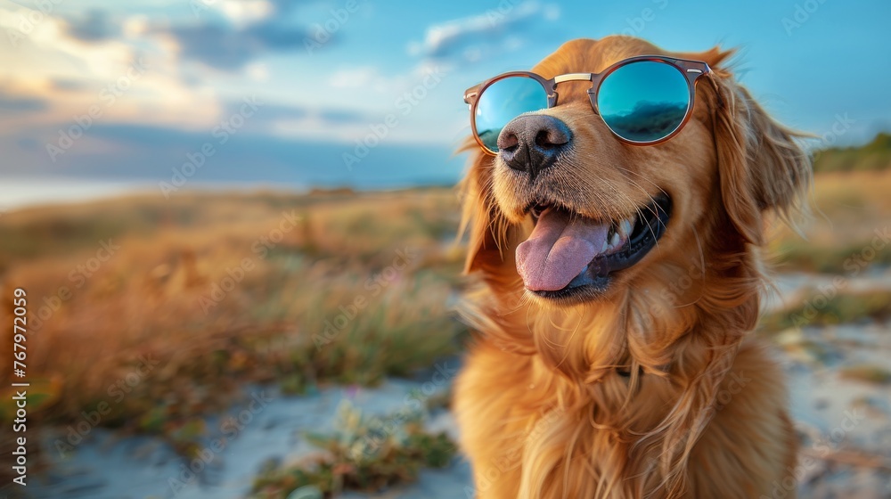 Golden Retriever Dog Wearing Sunglasses on Beach