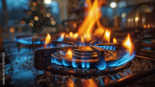 Close Up of Gas Stove With Blue Flames