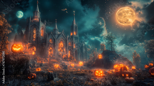 Halloween Scene - Party Of Pumpkins And Zombies In Graveyard At Moonlight - Contain Moon 3D Rendering - Unrecognizable, Deformed And Church with Reassembled Parts.