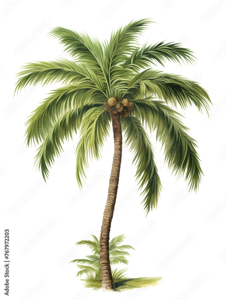 palm tree isolated on white. Botanical illustration of green palm tree. palm tree isolated on white. Botanical illustration of green palm tree.