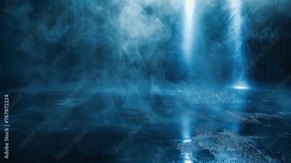 Dark street, wet asphalt, reflections of rays in the water. Abstract dark blue background, smoke, smog.