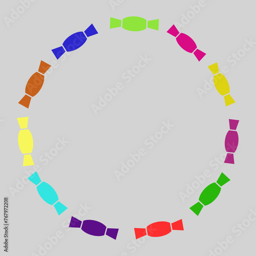 Round frame made of candies. Intensive colors. Celebration, advertisement, sale, commertial, banner. Vector illustration.