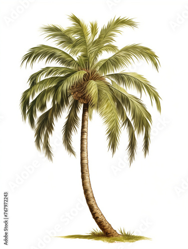 Vintage illustration of a single palm tree isolated on white background. Palm tree in retro style illustration for for banner, travel poster, postcard