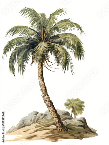 Vintage illustration of a single palm tree isolated on white background. Palm tree in retro style illustration for for banner, travel poster, postcard