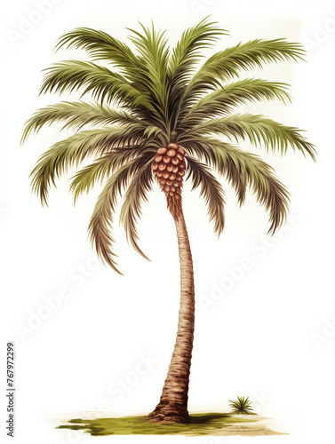Tropical single palm tree, green silhouette isolated on white background