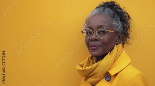 Woman in Yellow Coat Wearing Glasses