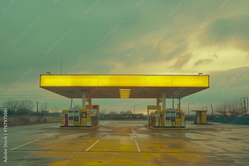 Fototapeta premium The city's skyline loomed above the gas station, casting shadows over the yellow pumps during the day