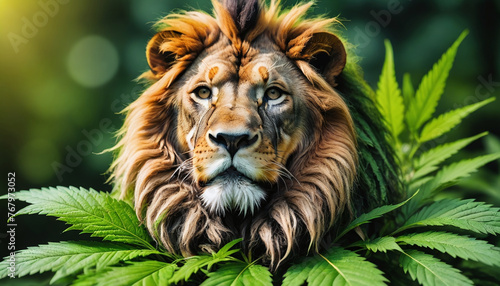 Reggae Lion On Marijuana Leaf For Legalization photo