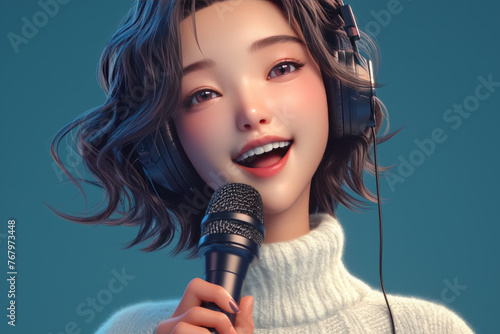 3D cartoon illustration of woman wearing headphones and recording into microphone
