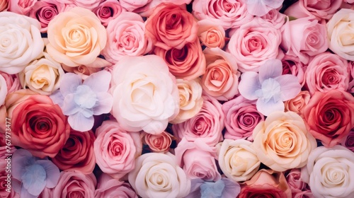 Pink and white roses in a bridal bouquet as a background © Voilla