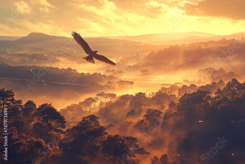 Eagle flying among natural mountains at warm sunset
