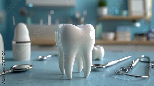 a 3D object illustration of a detailed tooth accompanied by essential medical tools for dental healthcare. Perfect for dental clinic or hospital business presentations.