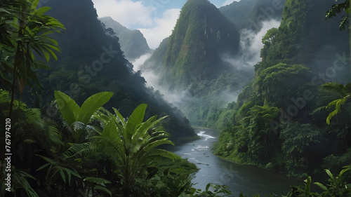 Mountain Waterfall Serenity: A breathtaking scene of cascading water amidst towering peaks, lush forests, and clear skies in a picturesque mountain landscape