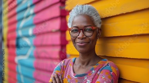 Woman With Glasses in Front of Colorful Wall
