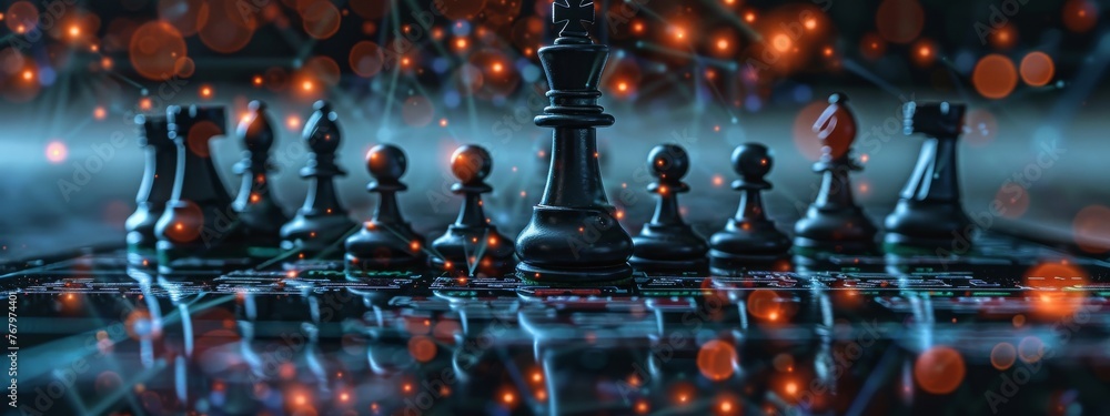 A knight chess piece standing guard on a digital board, symbolizing strategic defense planning in cybersecurity. - obrazy, fototapety, plakaty 