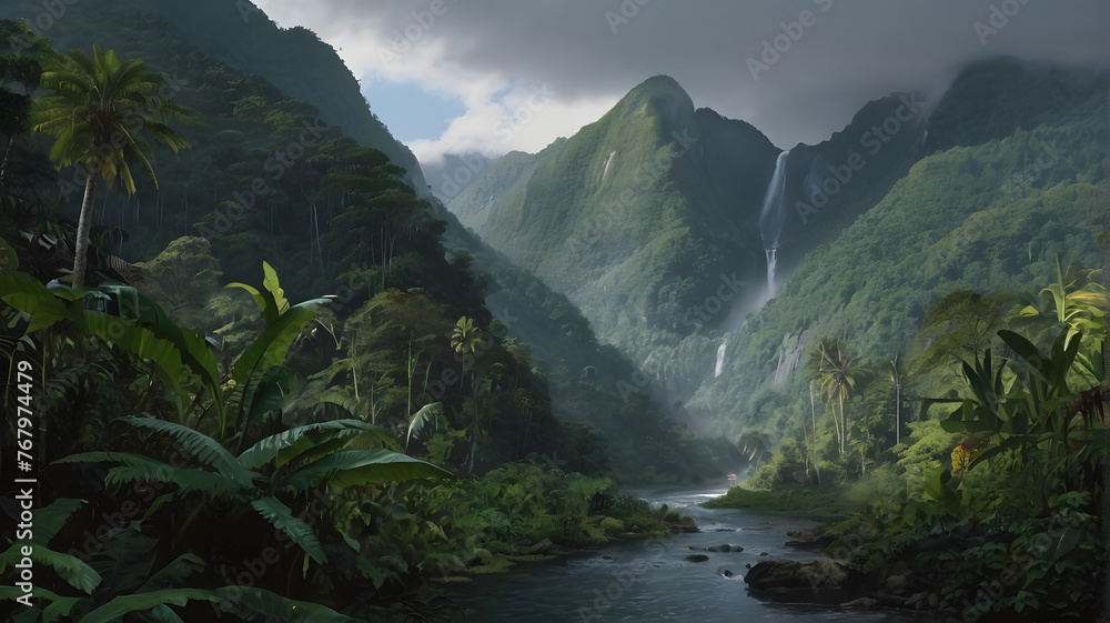 Mountain Waterfall Serenity: A breathtaking scene of cascading water amidst towering peaks, lush forests, and clear skies in a picturesque mountain landscape