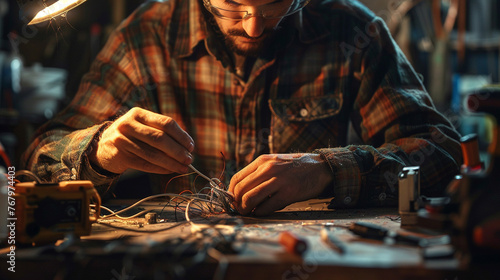  A close-up of a man working on an electric wire connection in a poorly lit workshop. His hands are lit by his work light as he skillfully twists and secures the wires together photo