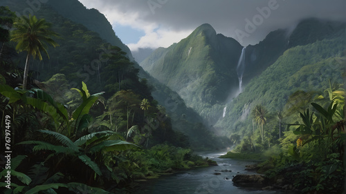 Mountain Waterfall Serenity: A breathtaking scene of cascading water amidst towering peaks, lush forests, and clear skies in a picturesque mountain landscape
