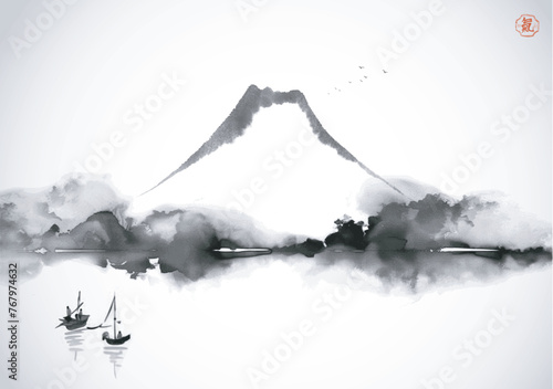 Monochrome ink wash painting with Fuji mountain, a fisherman, flying birds and trees reflecting in water. Hieroglyph - life energy.