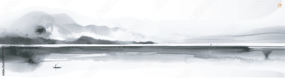 Ink wash painting of panorama with a lone fisherman on calm waters and distant mountains. Traditional oriental ink painting sumi-e, u-sin, go-hua. Hieroglyph - spirit - obrazy, fototapety, plakaty 