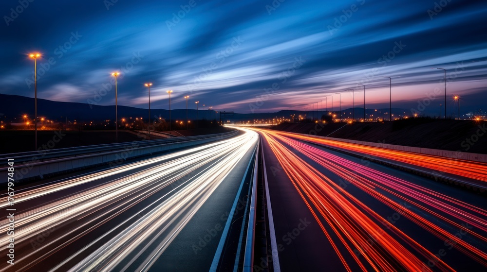 Obraz premium Car light trails on the road at night. Long exposure