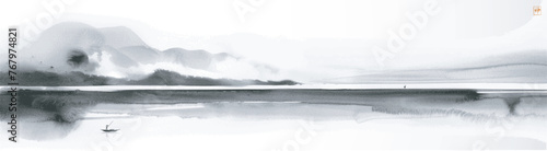 Ink wash painting of panorama with a lone fisherman on calm waters and distant mountains. Traditional oriental ink painting sumi-e, u-sin, go-hua. Hieroglyph - spirit