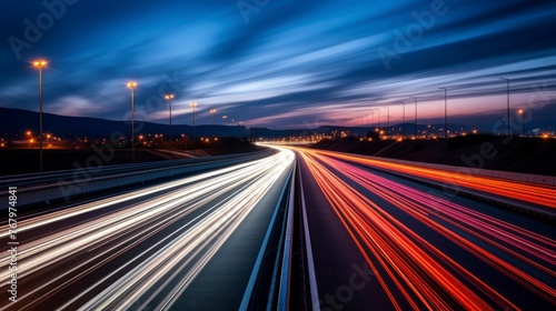 Car light trails on the road at night. Long exposure