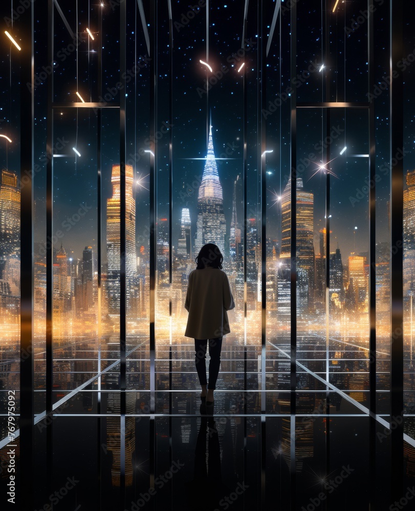 a solitary stroll through the darkened streets, the distant cityscape offering a captivating backdrop to the figure's introspective journey. a solitary stroll through the darkened streets, the distant cityscape offering a captivating backdrop to the figure's introspective journey.