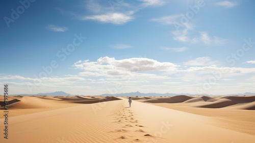 Man walking on sand dune in the desert.