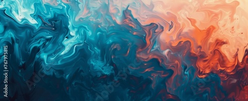 Mesmerizing abstract swirls of ocean blue and sunset orange, conjuring images of waves and fiery skies.