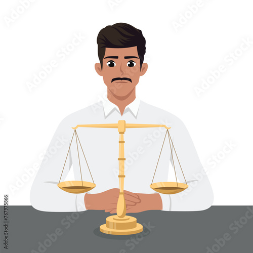 Young man clerk manager lawyer attorney judge sitting near scale demonstrating guilty weight. Flat vector illustration isolated on white background