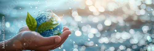 World Water Day Poster banner design,hand holding a blue earth with a green leaf on  sparkling water  blue ocean background, copy space Environment Concept