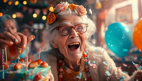 Exuberant Elderly Lady Enjoying Birthday Festivities