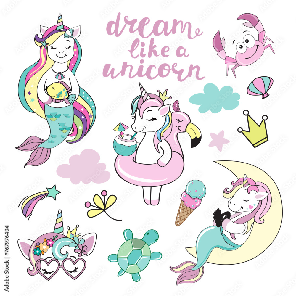 Beautiful unicorns mermaids collection on white background Beautiful unicorns mermaids collection on white background